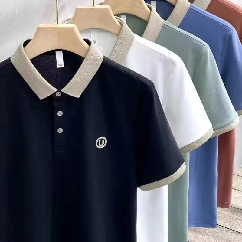 Men's Knitted Golf Shirt — Stone Button-Down Collar, Slim Fit, Ice-Silk Knit