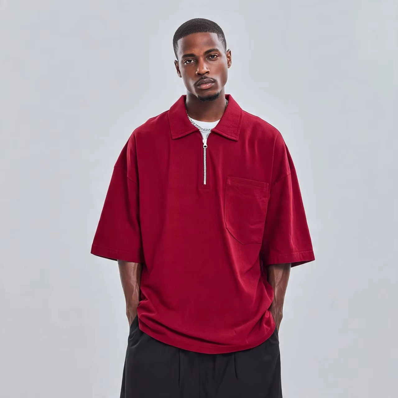 Men's Pique Polo Shirt — Black Mother-of-Pearl Buttons, Slim Fit, Cotton-Poly Pique