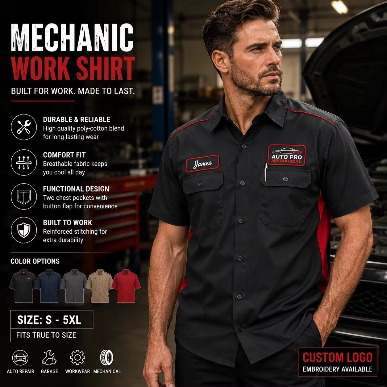 Custom Industrial Work Shirt — Sky Blue Two-Ply Yarn, Relaxed Fit, Heavyweight Cotton Twill
